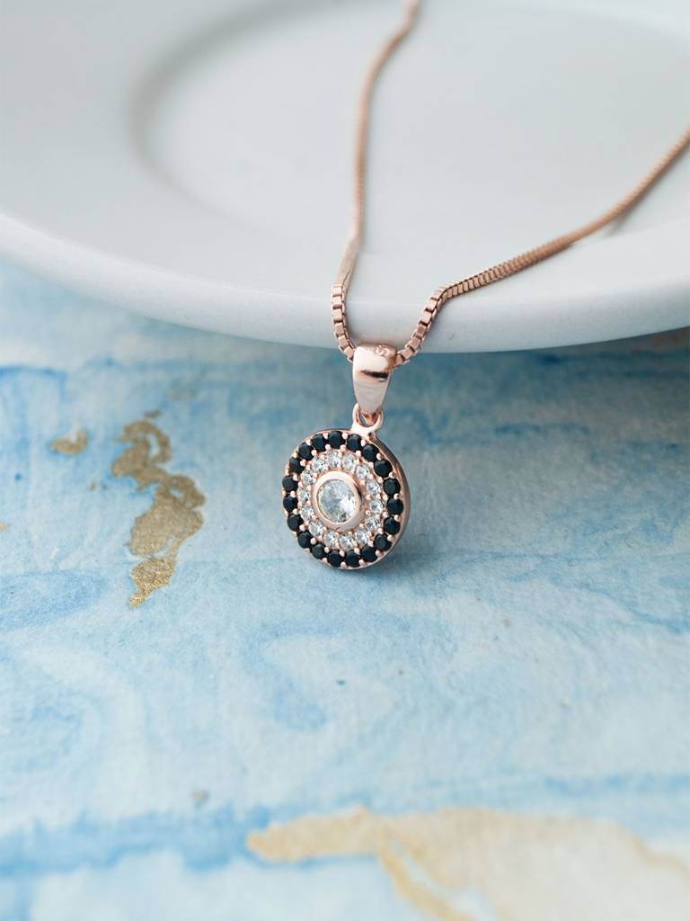 Mannash Black Halo Evil Eye Rose Gold Plated Sterling Silver Pendant Set : MZRJPSC880D2060