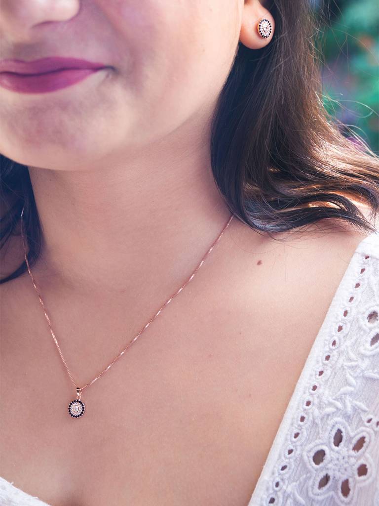 Mannash Black Halo Evil Eye Rose Gold Plated Sterling Silver Pendant Set : MZRJPSC880D2060