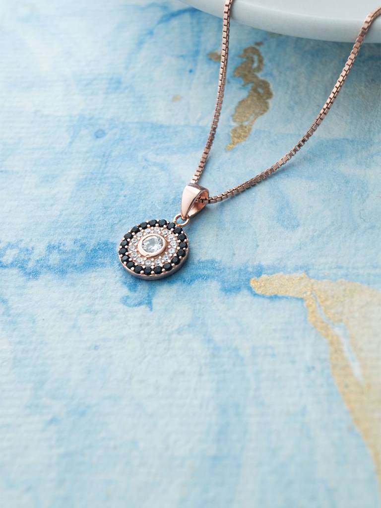 Mannash Black Halo Evil Eye Rose Gold Plated Sterling Silver Pendant Set : MZRJPSC880D2060