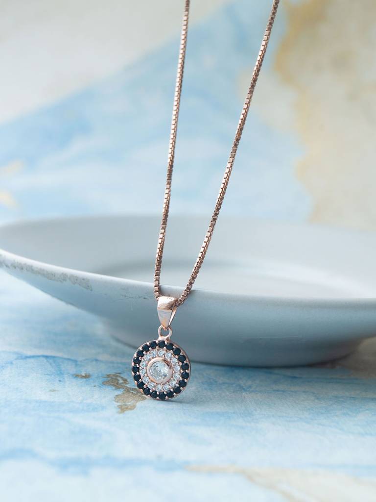 Mannash Black Halo Evil Eye Rose Gold Plated Sterling Silver Pendant Set : MZRJPSC880D2060