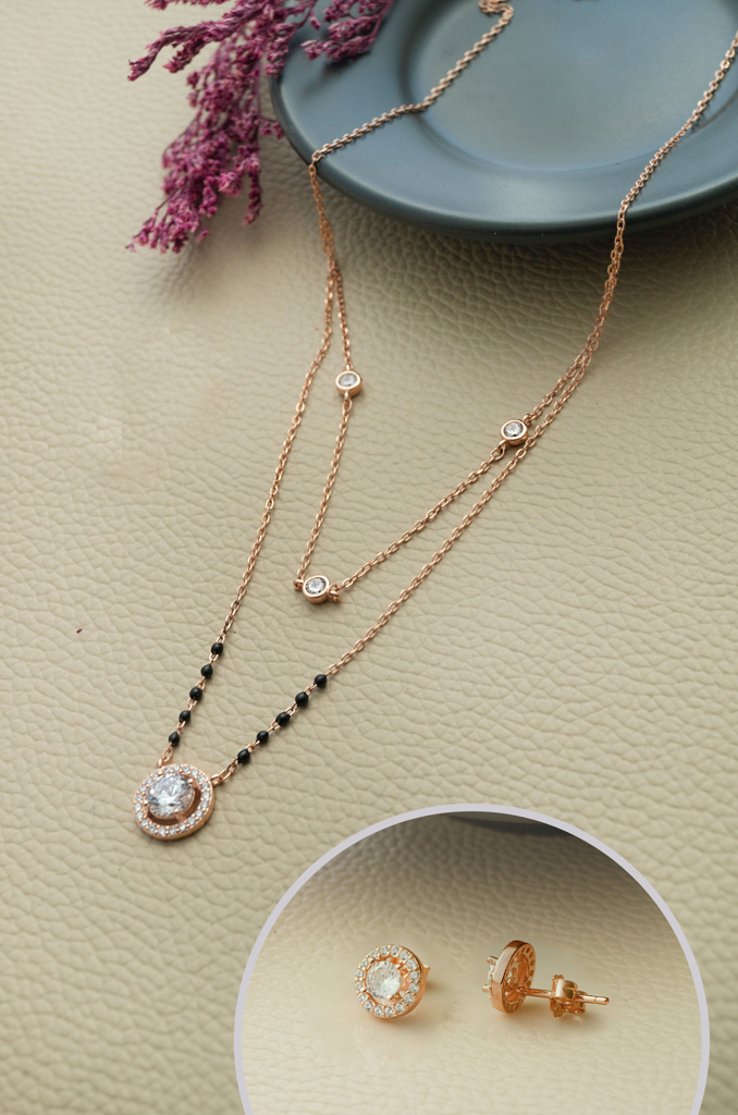 Sparkling Solitaire Multilayer Rose Gold Plated Sterling Silver Mangalsutra Necklace Set : MZRMS847D2019