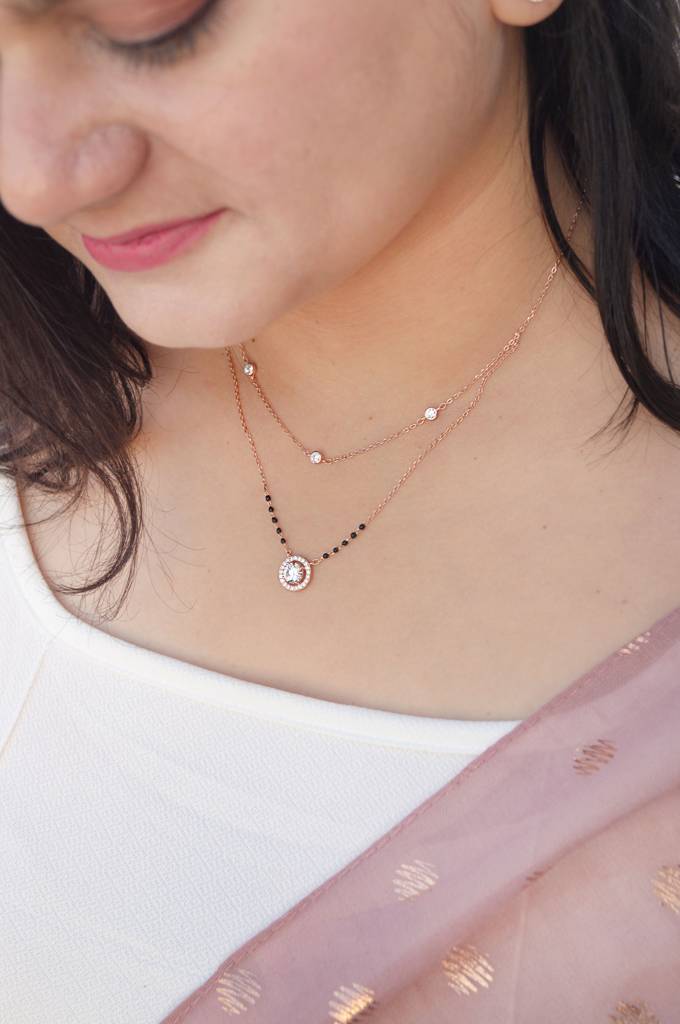 Sparkling Solitaire Multilayer Rose Gold Plated Sterling Silver Mangalsutra Necklace Set : MZRMS847D2019