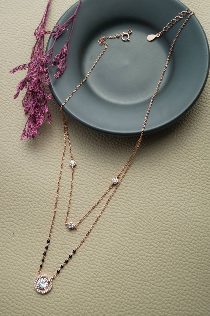 Sparkling Solitaire Multilayer Rose Gold Plated Sterling Silver Mangalsutra Necklace Set : MZRMS847D2019