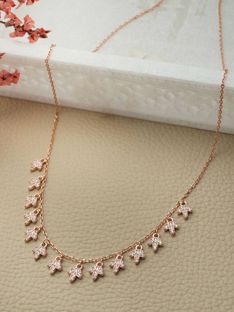 Mannash Charming Leaves Rose Gold Plated Sterling Silver Charm Necklace : MZRN848D1970