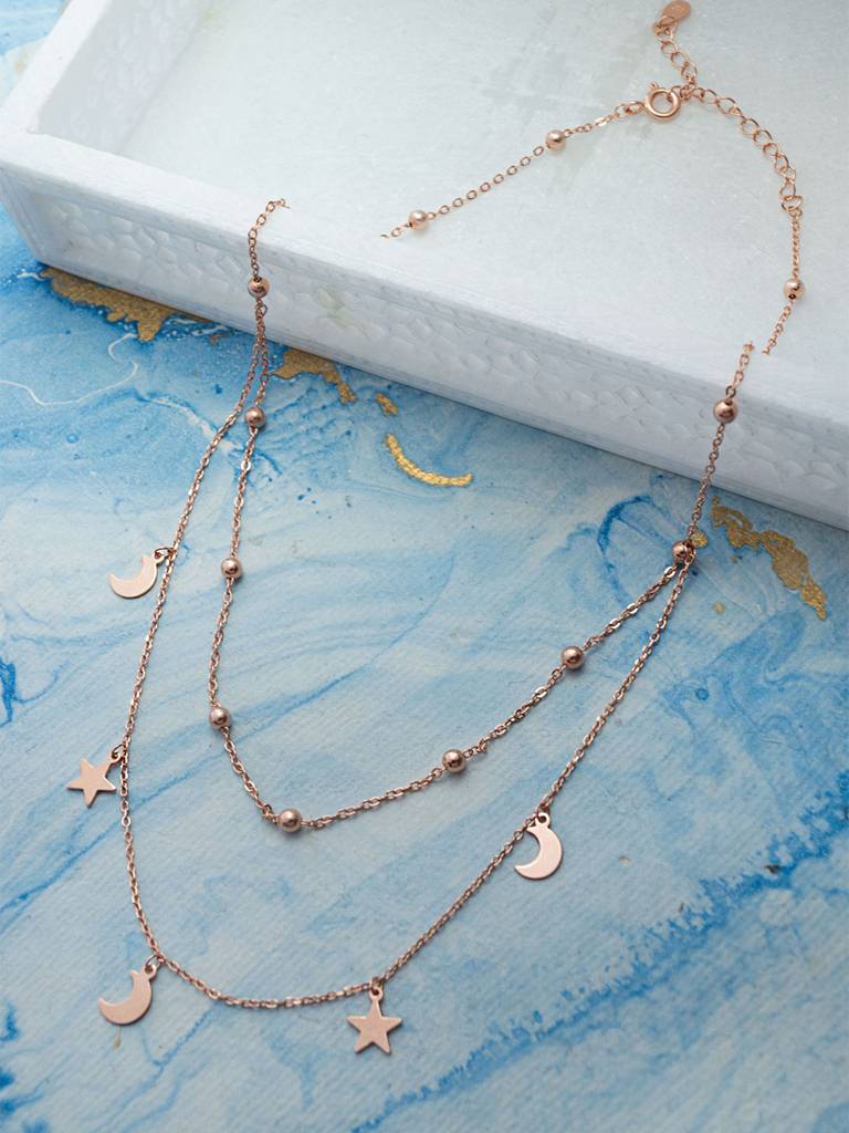 Mannash Stars & Moon Charms Rose Gold Plated Sterling Silver Chain Necklace : MZRN850D1974