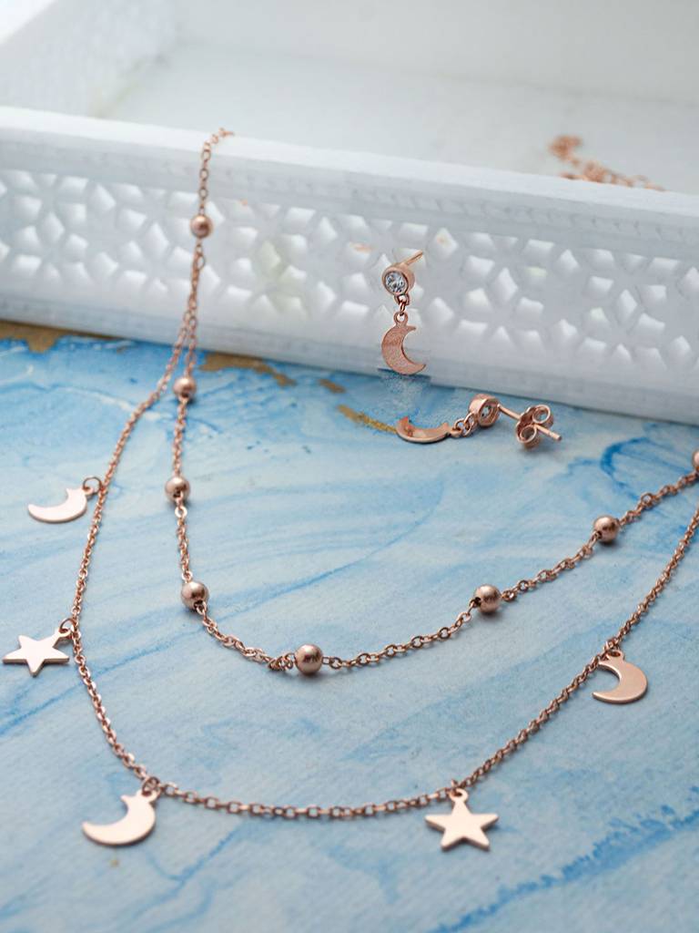 Mannash Stars & Moon Charms Rose Gold Plated Sterling Silver Necklace Set : MZRNS850D2067