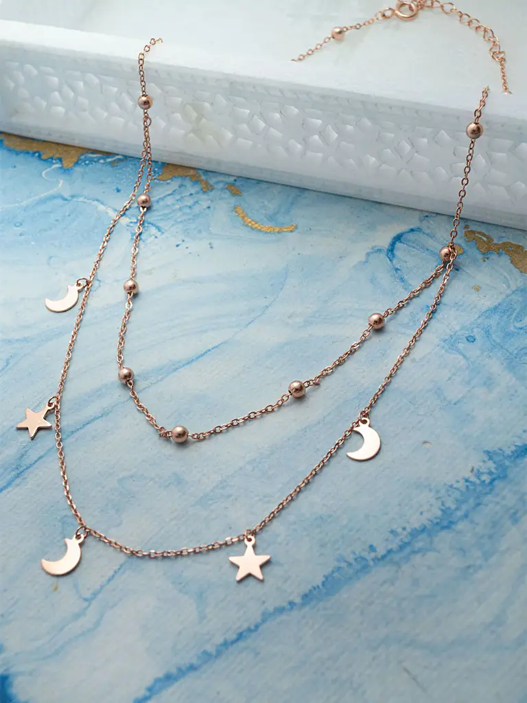 Mannash Stars & Moon Charms Rose Gold Plated Sterling Silver Chain Necklace : MZRN850D1974