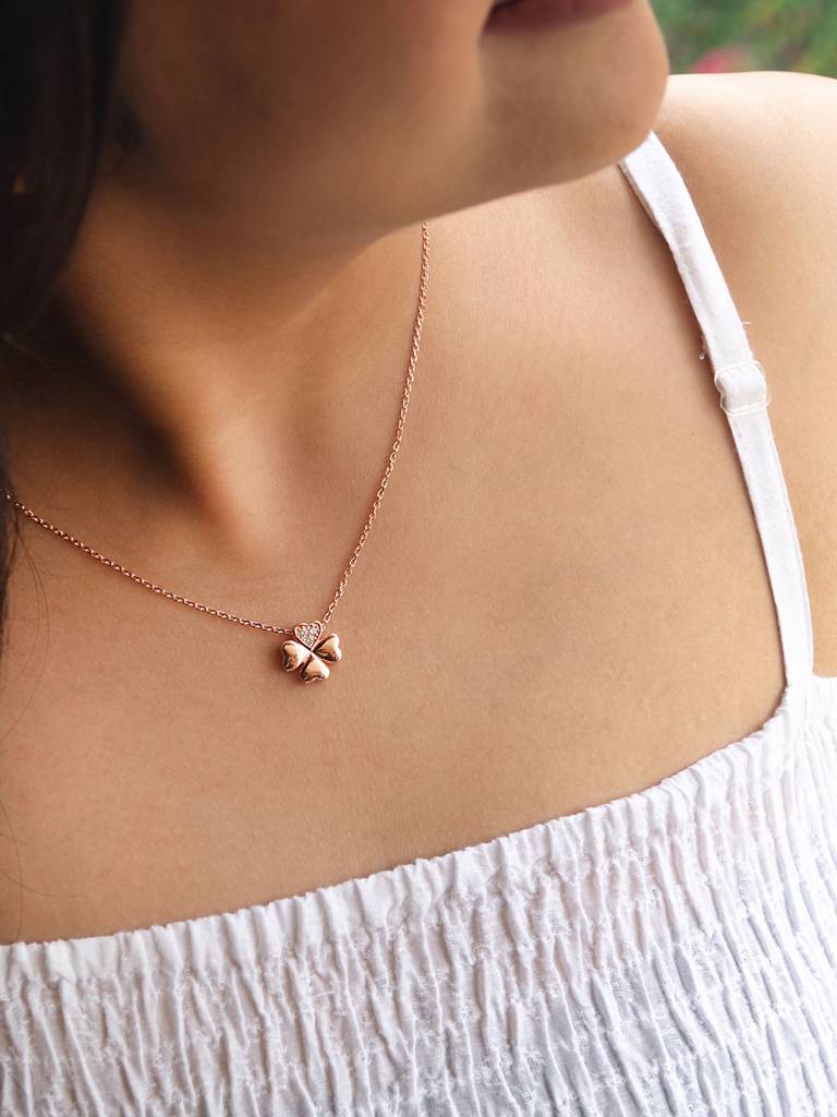 Mannash Good Luck Clover Rose Gold Plated Sterling Silver Pendant Chain Necklace : MZRNCP216D435