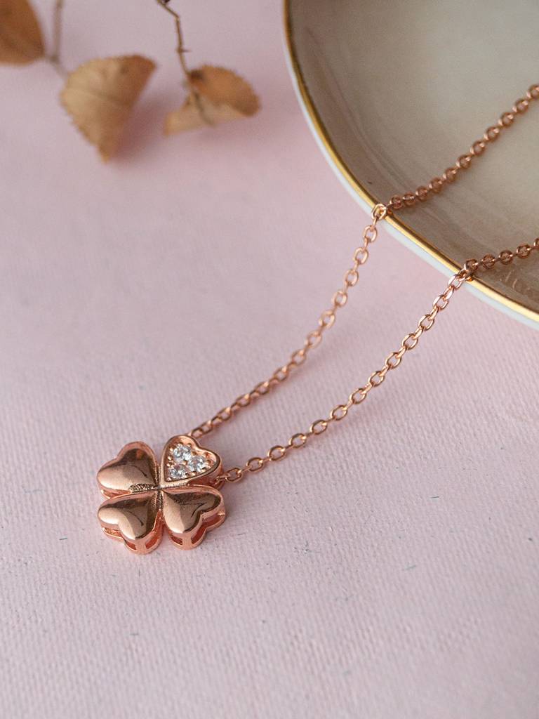 Mannash Good Luck Clover Rose Gold Plated Sterling Silver Pendant Chain Necklace : MZRNCP216D435