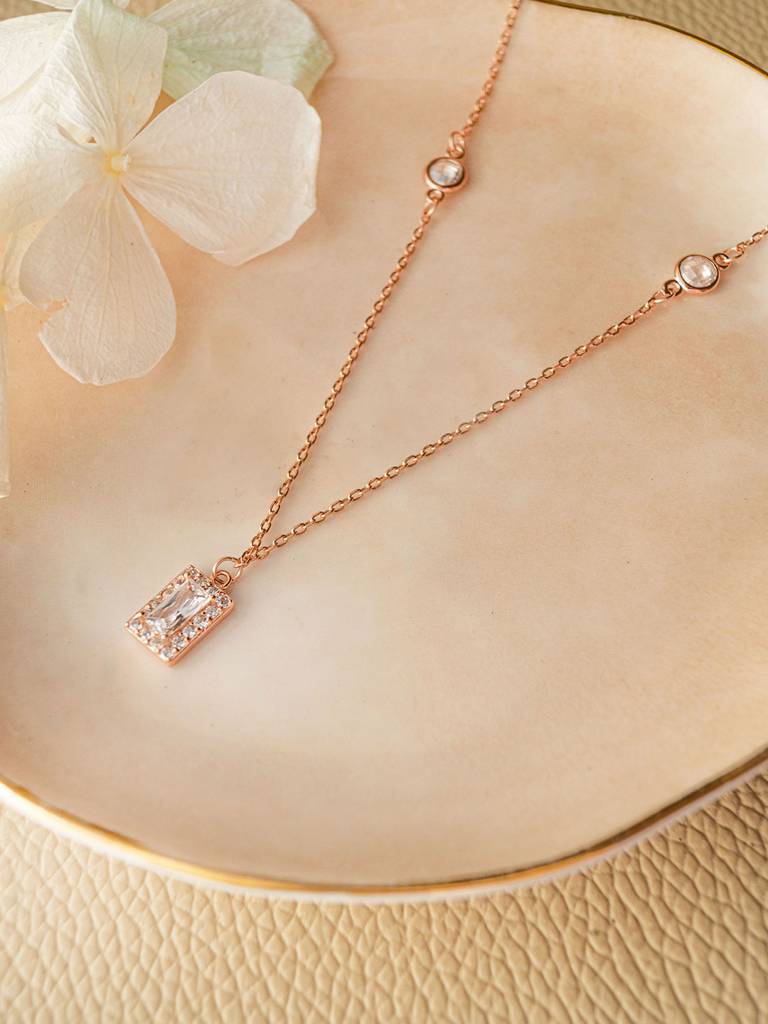 Mannash Mysterical Rectangle Solitaire Rose Gold Plated Sterling Silver Chain Necklace : MZRNCP521D1220