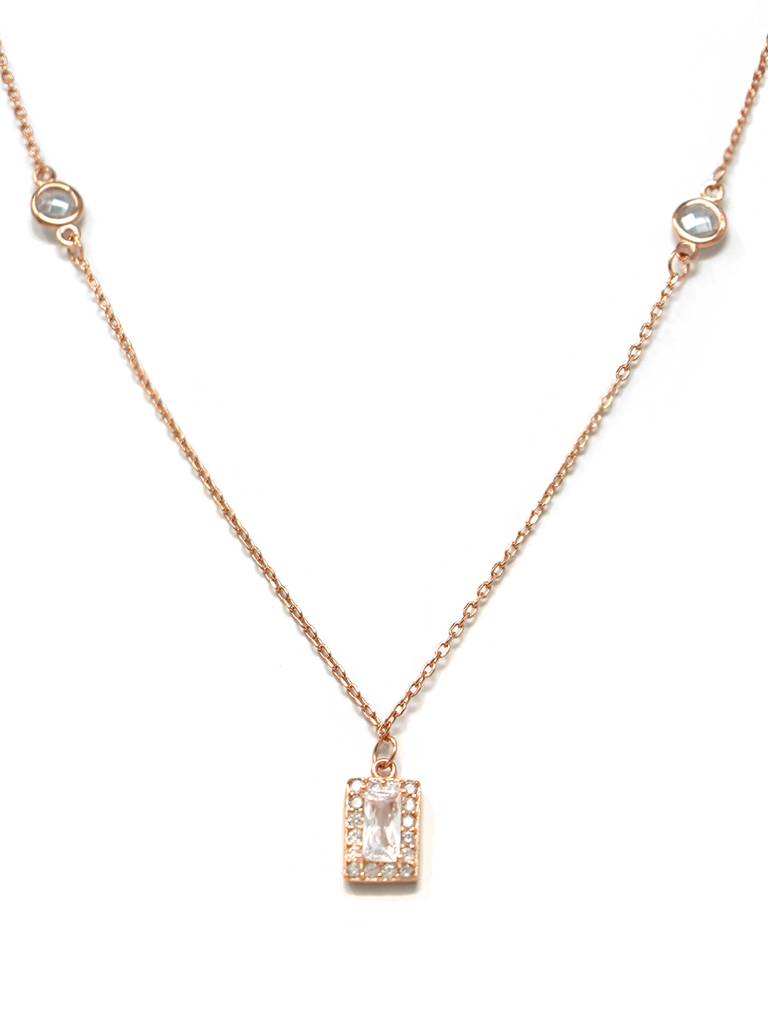 Mannash Mysterical Rectangle Solitaire Rose Gold Plated Sterling Silver Chain Necklace : MZRNCP521D1220
