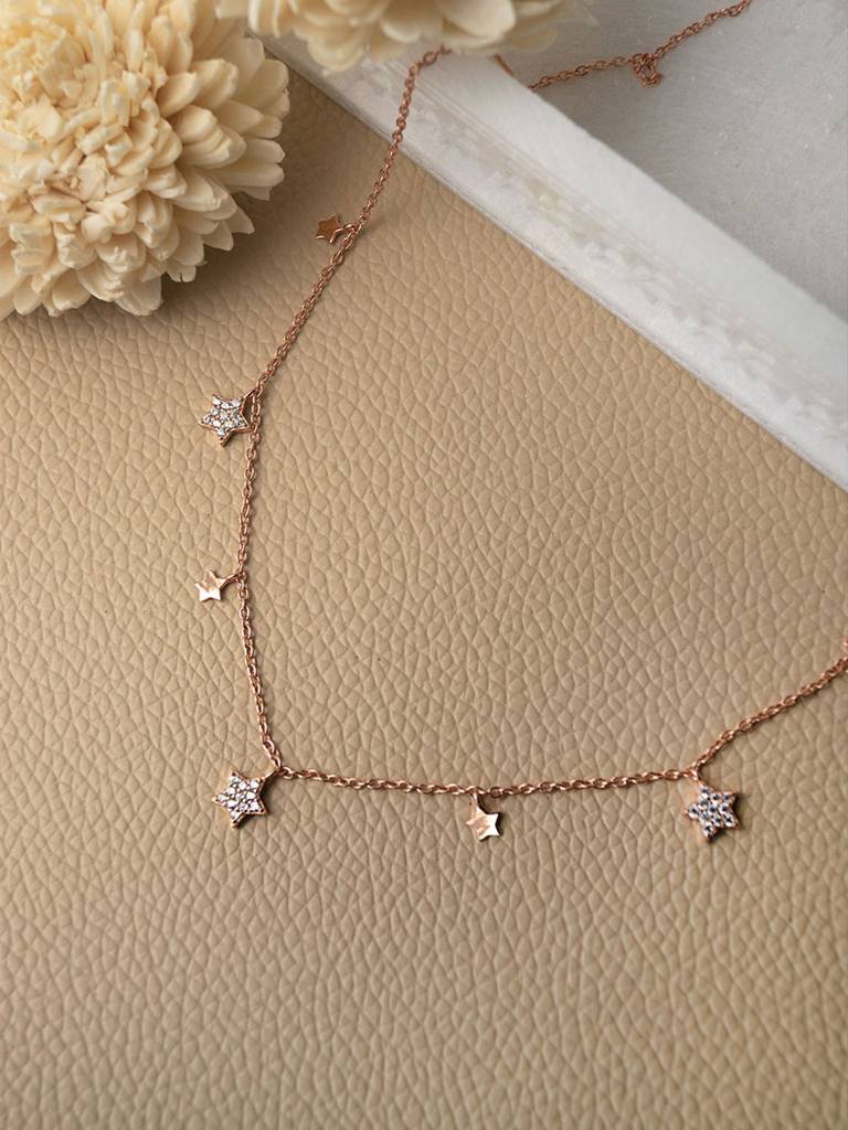 Mannash Shining Stars Charm Rose Gold Plated Sterling Silver Delicate Necklace : MZRND294D566