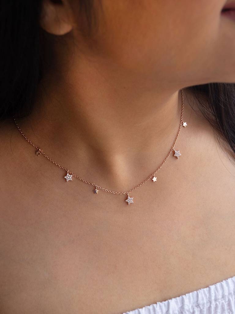 Mannash Shining Stars Charm Rose Gold Plated Sterling Silver Delicate Necklace : MZRND294D566