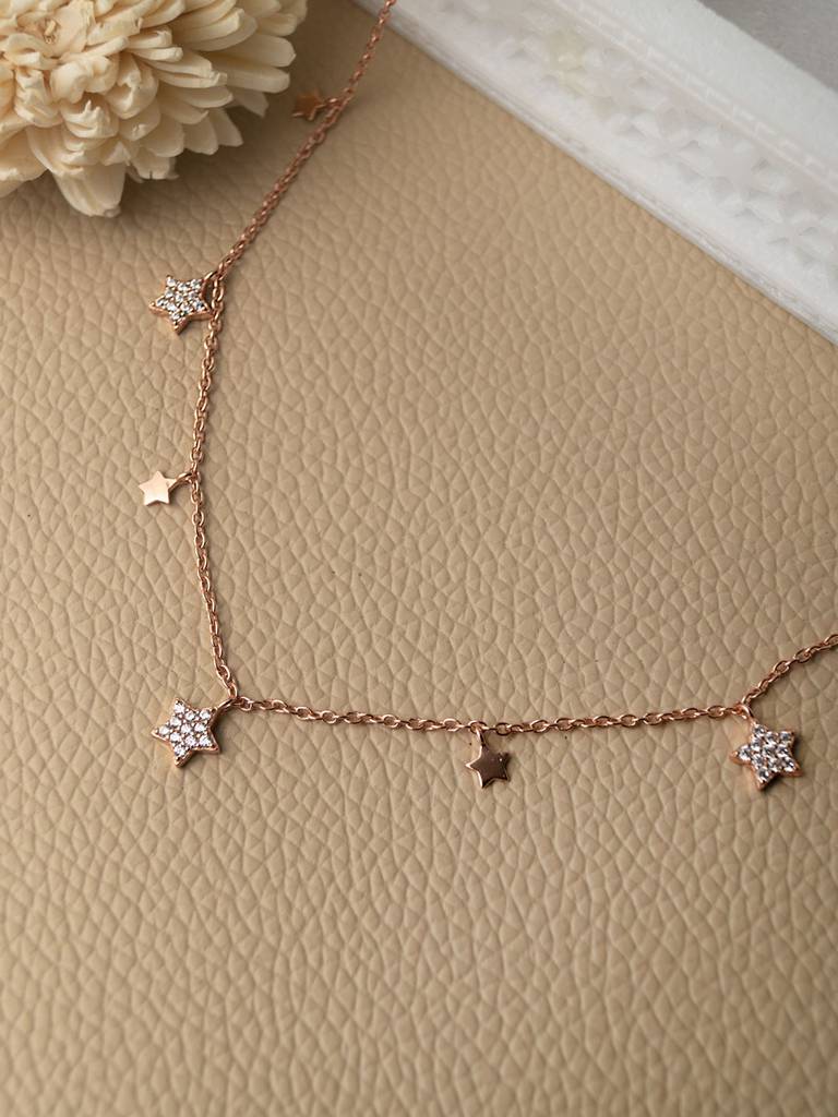 Mannash Shining Stars Charm Rose Gold Plated Sterling Silver Delicate Necklace : MZRND294D566