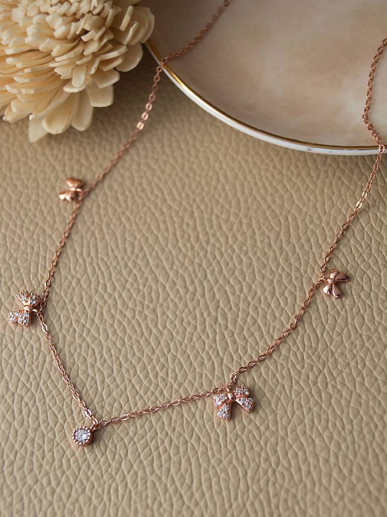 Mannash Cutie Bow Charms Rose Gold Plated 925 Sterling Silver Necklace