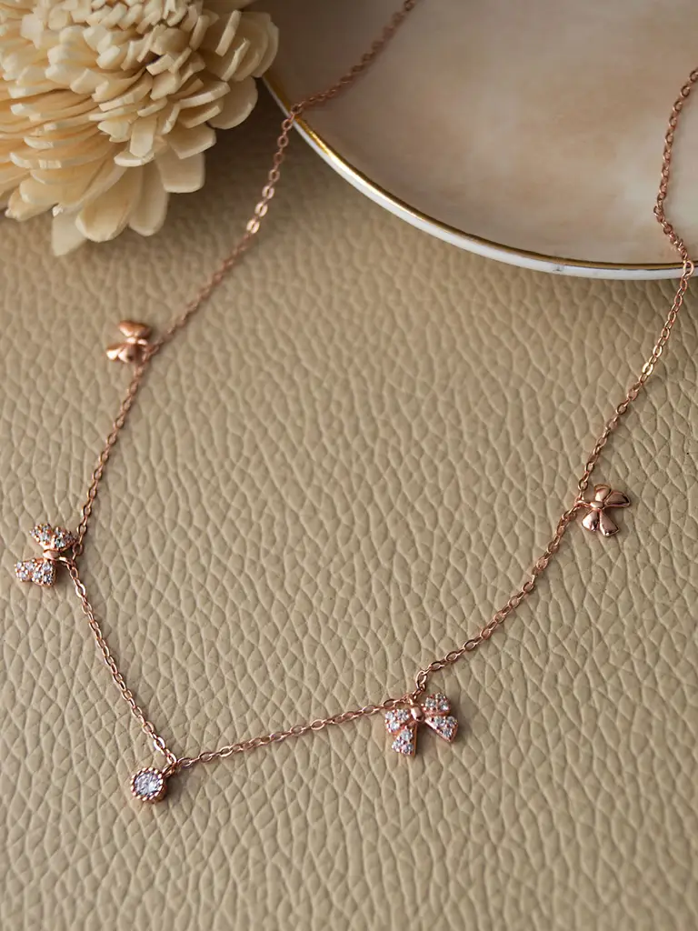Mannash Cutie Bow Charms Rose Gold Plated 925 Sterling Silver Necklace