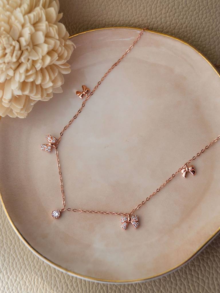 Mannash Cutie Bow Charms Rose Gold Plated 925 Sterling Silver Necklace