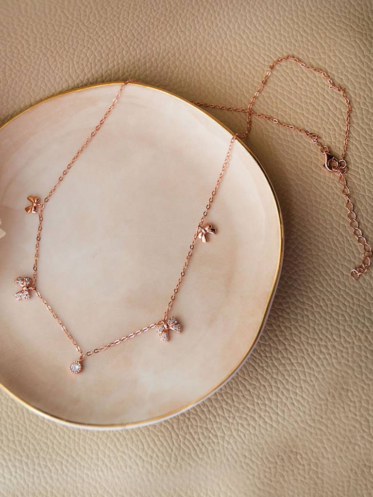 Mannash Cutie Bow Charms Rose Gold Plated 925 Sterling Silver Necklace