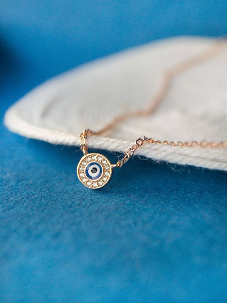 Evil Eye Round Hand-Painted Delicate Rose Gold Plated Sterling Silver Chain Necklace : MZRND524D1226