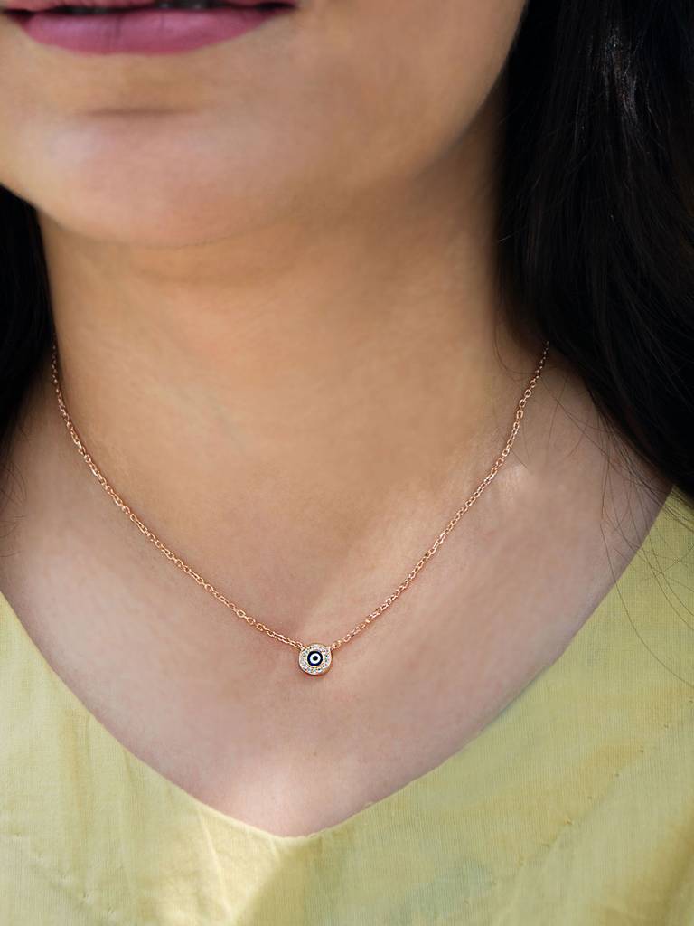 Evil Eye Round Hand-Painted Delicate Rose Gold Plated Sterling Silver Chain Necklace : MZRND524D1226