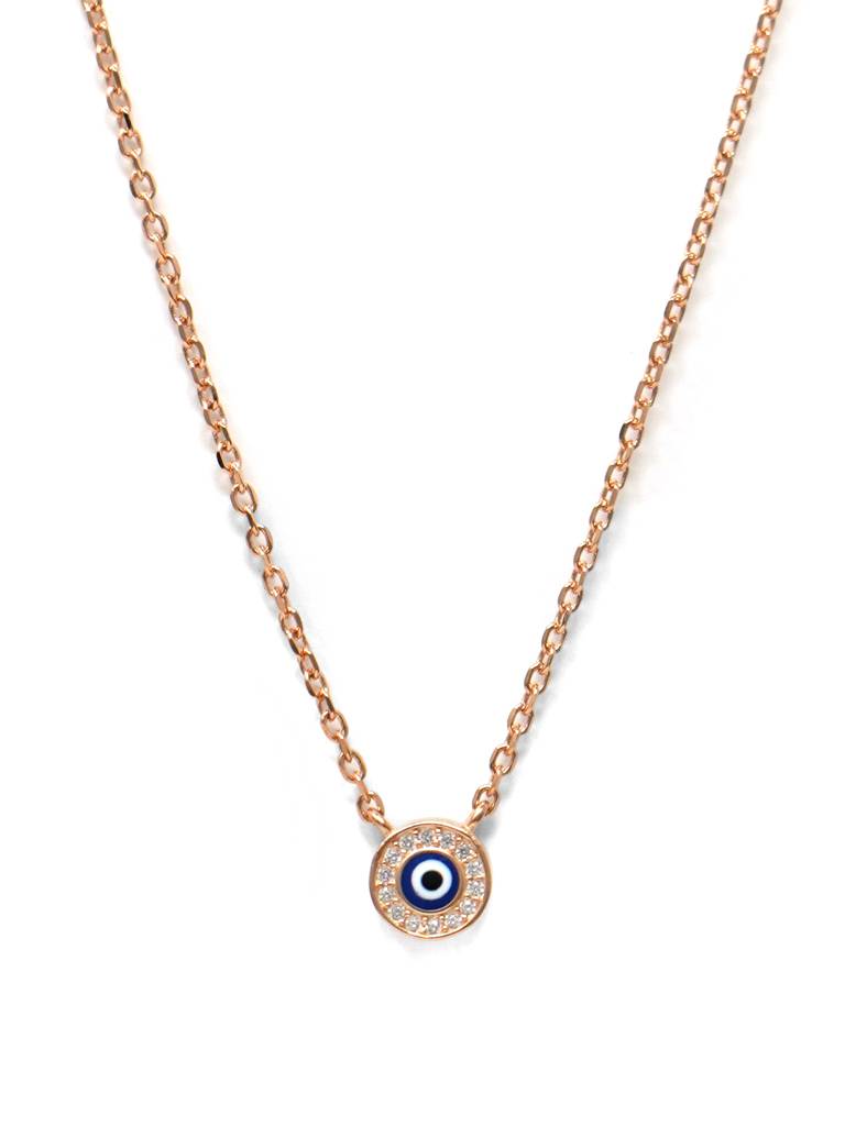 Evil Eye Round Hand-Painted Delicate Rose Gold Plated Sterling Silver Chain Necklace : MZRND524D1226
