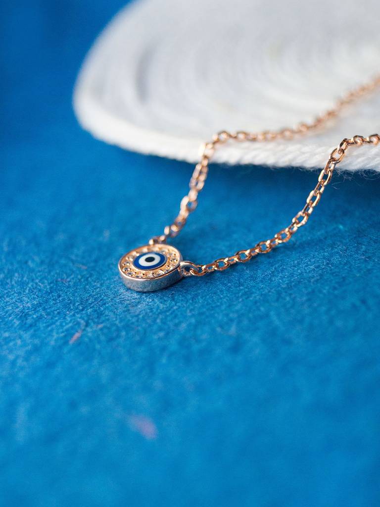 Evil Eye Round Hand-Painted Delicate Rose Gold Plated Sterling Silver Chain Necklace : MZRND524D1226
