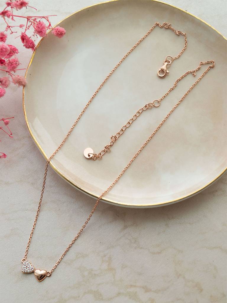 Mannash You & Me Heart Rose Gold Plated Sterling Silver Chain Necklace : MZRND861D1994