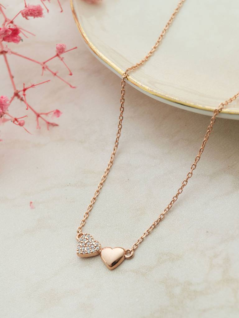 Mannash You & Me Heart Rose Gold Plated Sterling Silver Chain Necklace : MZRND861D1994