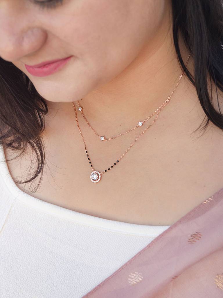 Sparkling Solitaire Multilayer Rose Gold Plated Sterling Silver Mangalsutra Necklace : MZRNM847D1968