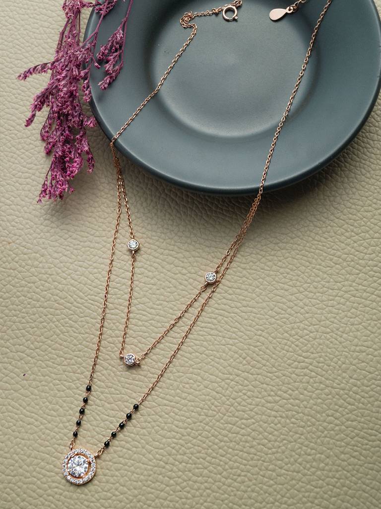 Sparkling Solitaire Multilayer Rose Gold Plated Sterling Silver Mangalsutra Necklace : MZRNM847D1968