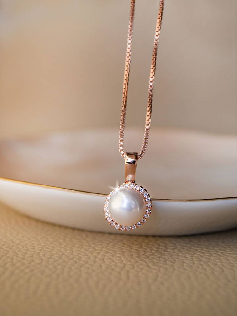 Encircled Pearl Rose Gold Plated Sterling Silver Pendant With Chain