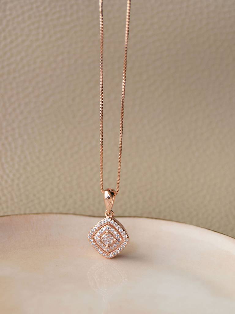 Mannash Ecentric Square Rose Gold Plated 925 Sterling Silver Pendant With Chain