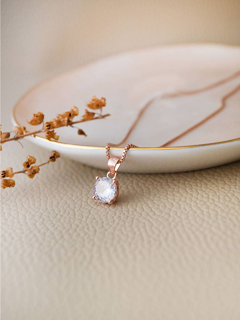 Classic Solitaire Rose Gold Plated Sterling Silver Pendant With Chain