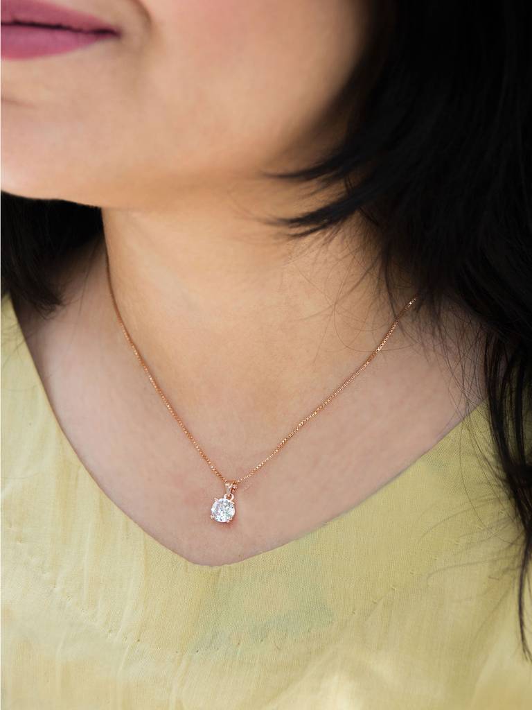 Classic Solitaire Rose Gold Plated Sterling Silver Pendant With Chain