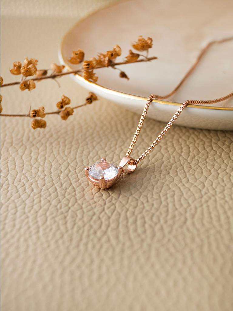 Classic Solitaire Rose Gold Plated Sterling Silver Pendant With Chain