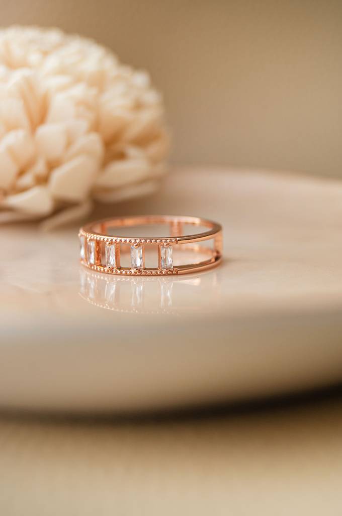 Baguette Station Band Rose Gold Plated Sterling Silver Band Ring : MZRRC526D1231