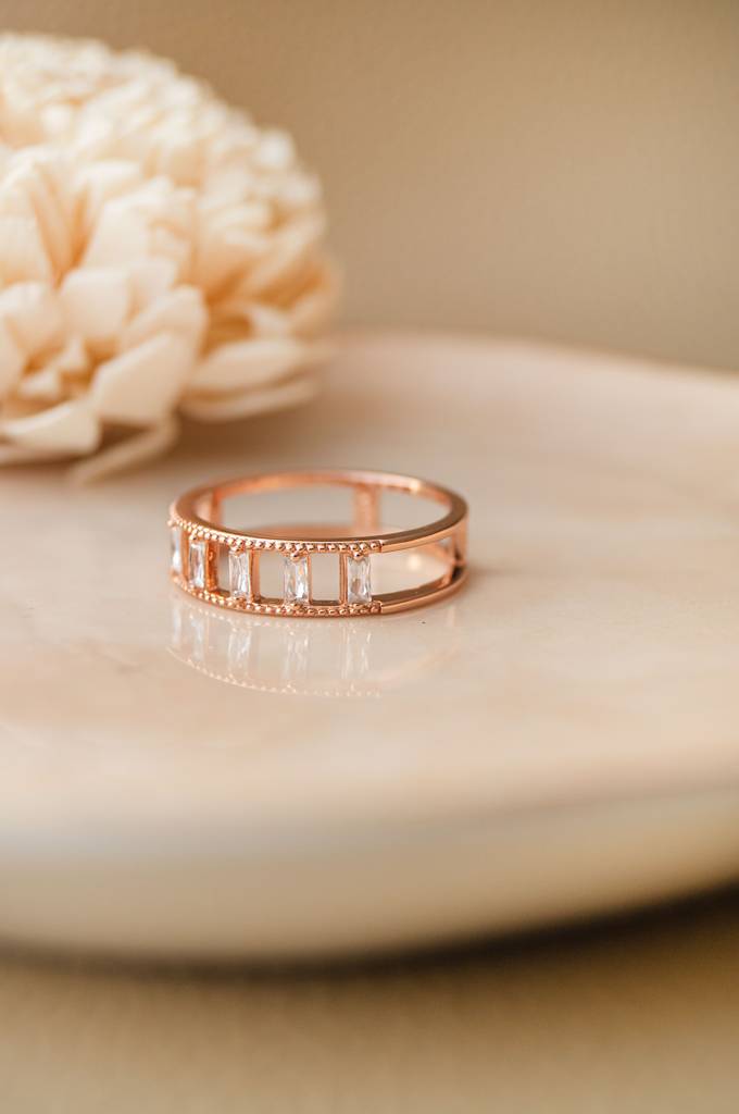Baguette Station Band Rose Gold Plated Sterling Silver Band Ring : MZRRC526D1231