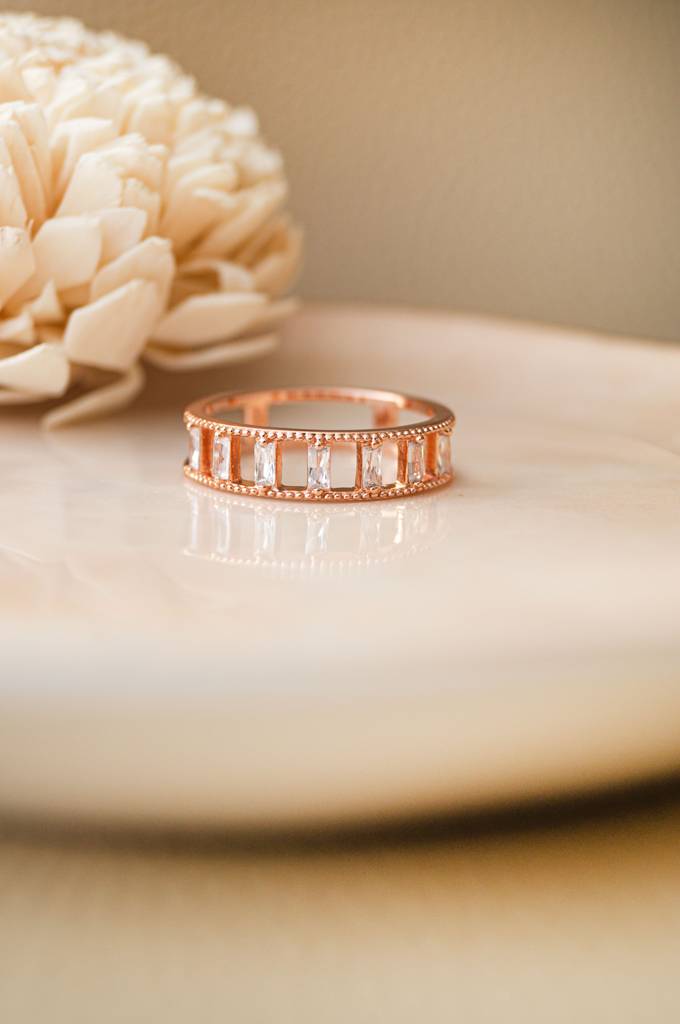Baguette Station Band Rose Gold Plated Sterling Silver Band Ring : MZRRC526D1231