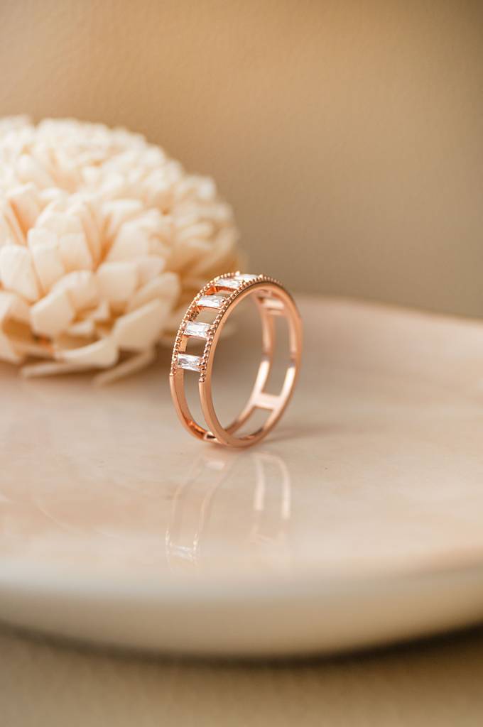 Baguette Station Band Rose Gold Plated Sterling Silver Band Ring : MZRRC526D1232