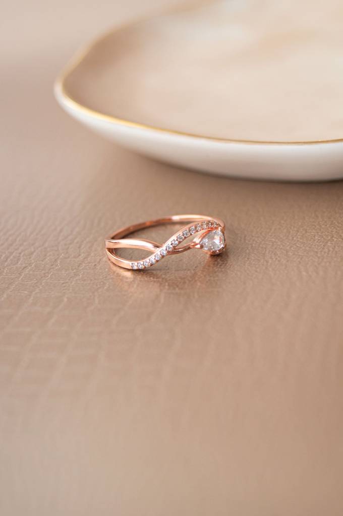 Swirl With A Solitaire Bling Rose Gold Plated Sterling Silver Ring : MZRRC770D1793