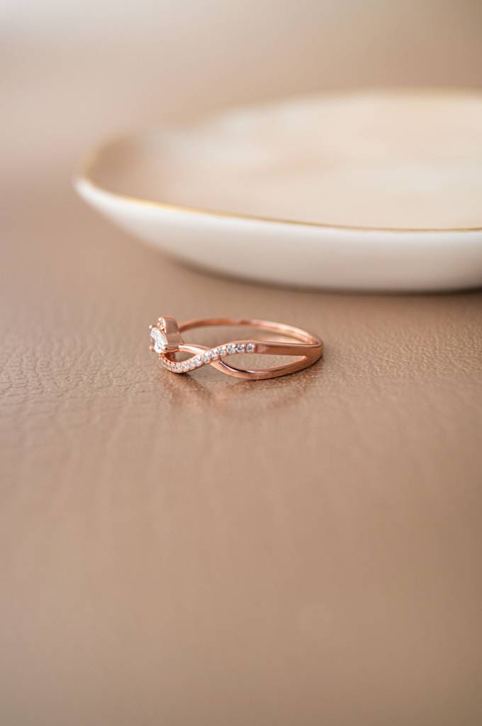 Swirl With A Solitaire Bling Rose Gold Plated Sterling Silver Ring : MZRRC770D1793