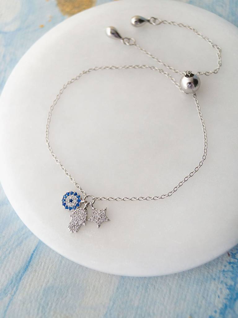 Hamsa Evil Eye Charm Rose Gold Plated Sterling Silver Pull Chain Bracelet : MZSBC404D1393