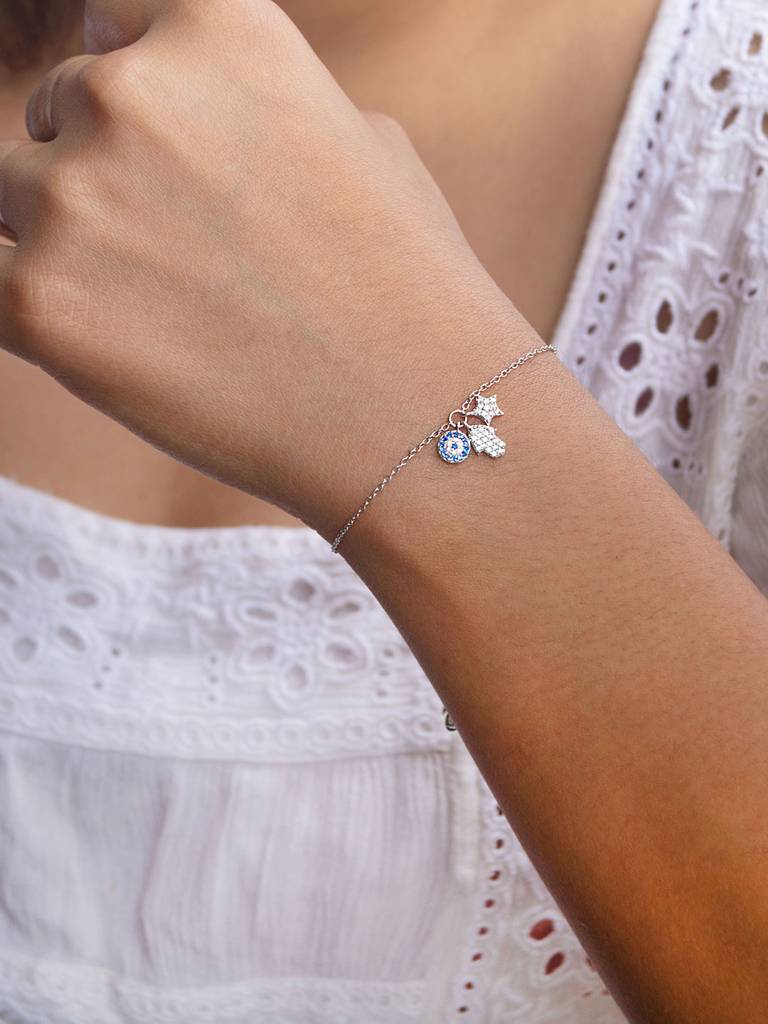 Hamsa Evil Eye Charm Rose Gold Plated Sterling Silver Pull Chain Bracelet : MZSBC404D1393