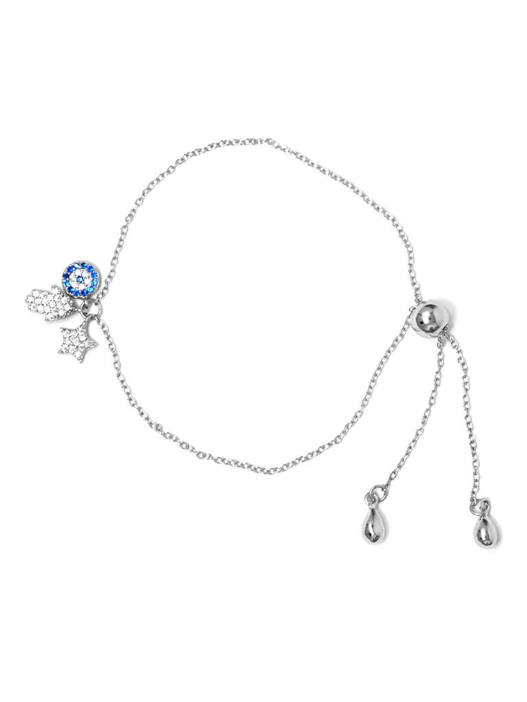 Hamsa Evil Eye Charm Rose Gold Plated Sterling Silver Pull Chain Bracelet : MZSBC404D1393