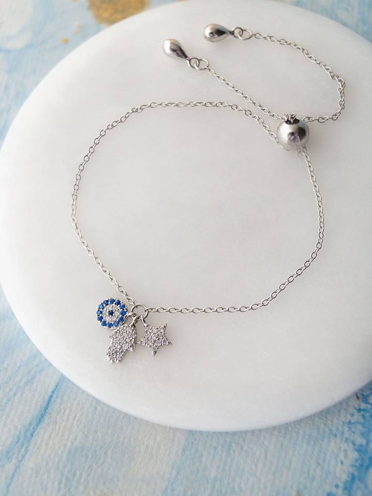 Hamsa Evil Eye Charm Rose Gold Plated Sterling Silver Pull Chain Bracelet : MZSBC404D1393