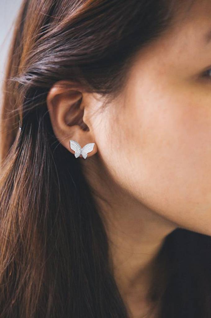 Mannash Open Wing Sparkle Butterfly Sterling Silver Stud Earrings : MZSES20D030