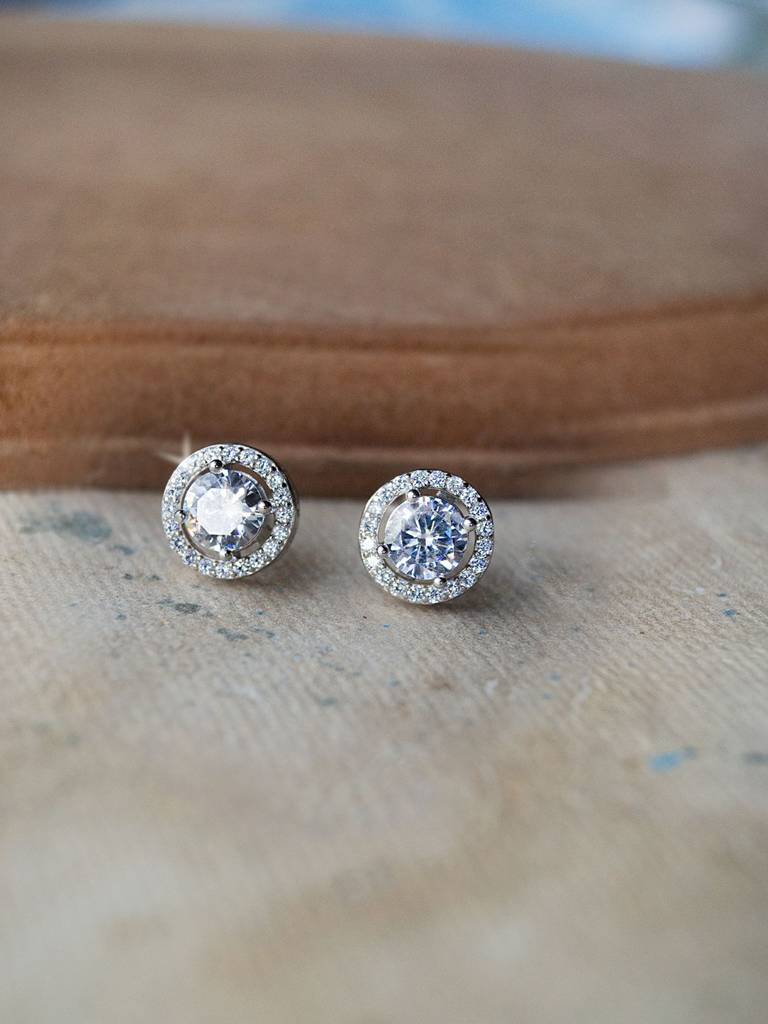 Mannash Halo Solitaire 925 Sterling Silver Earrings