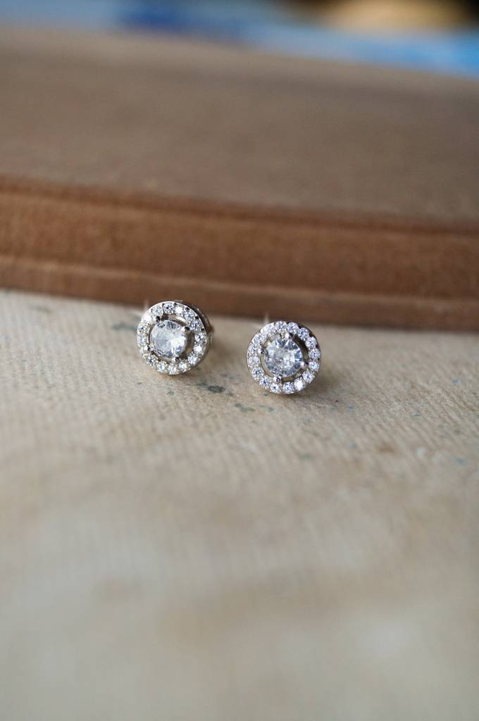 Mannash Halo Solitaire Sterling Silver Stud Earrings : MZSES267D526