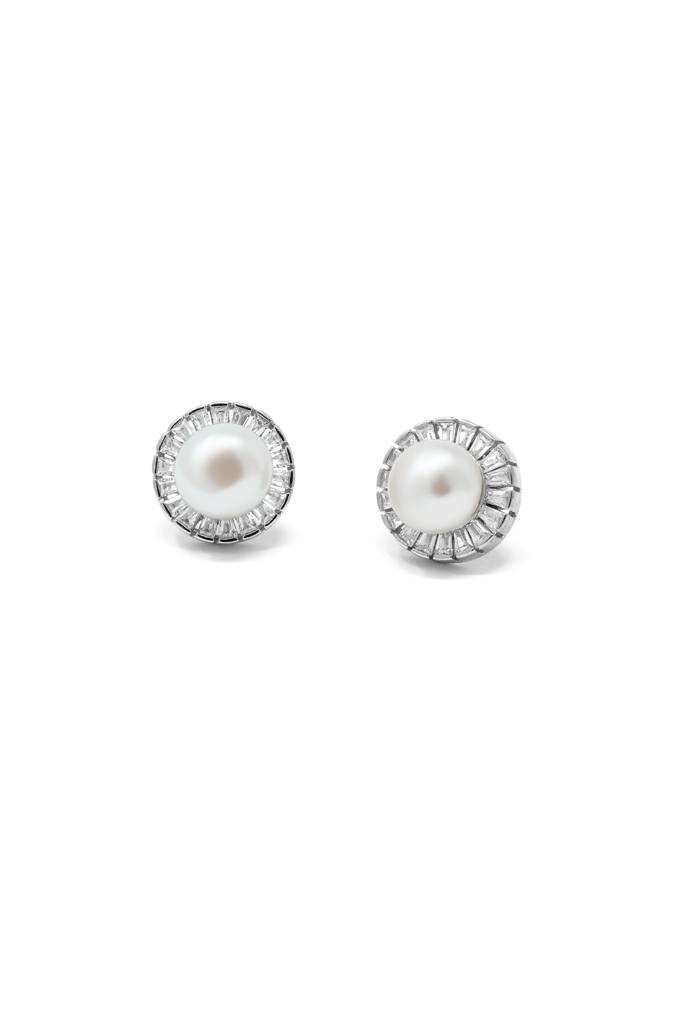 Mannash Royal Pearl Baguette Statement Sterling Silver Stud Earrings : MZSES36D059