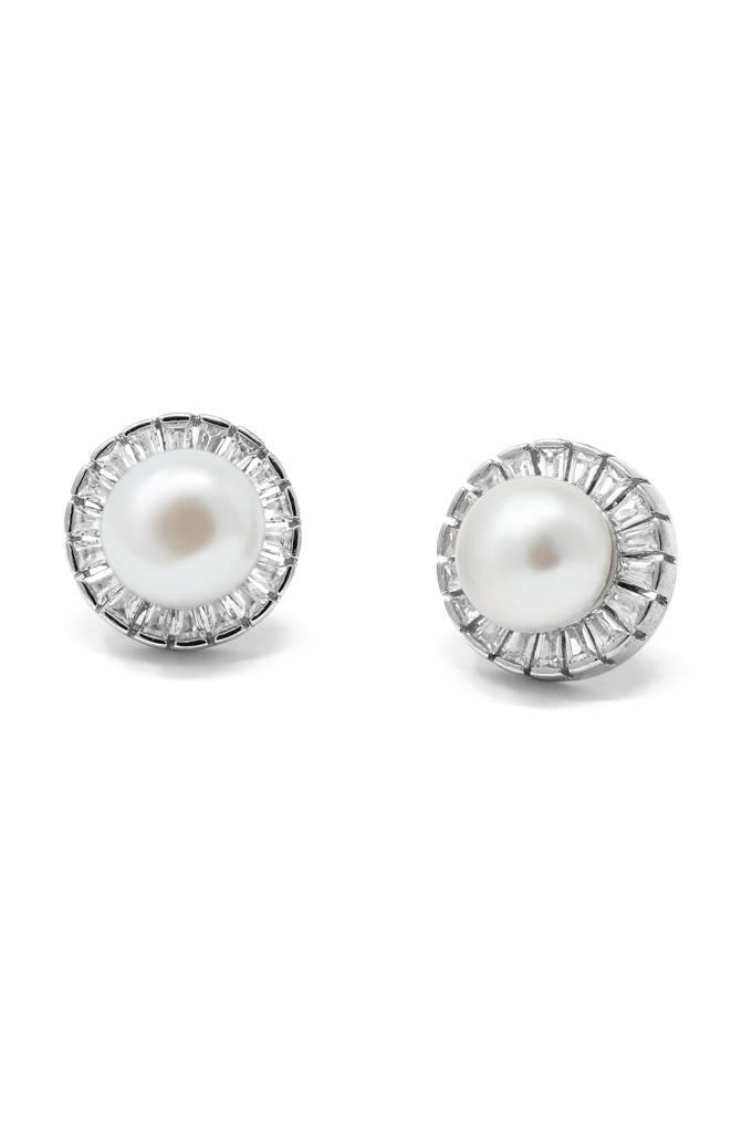 Mannash Royal Pearl Baguette Statement Sterling Silver Stud Earrings : MZSES36D059